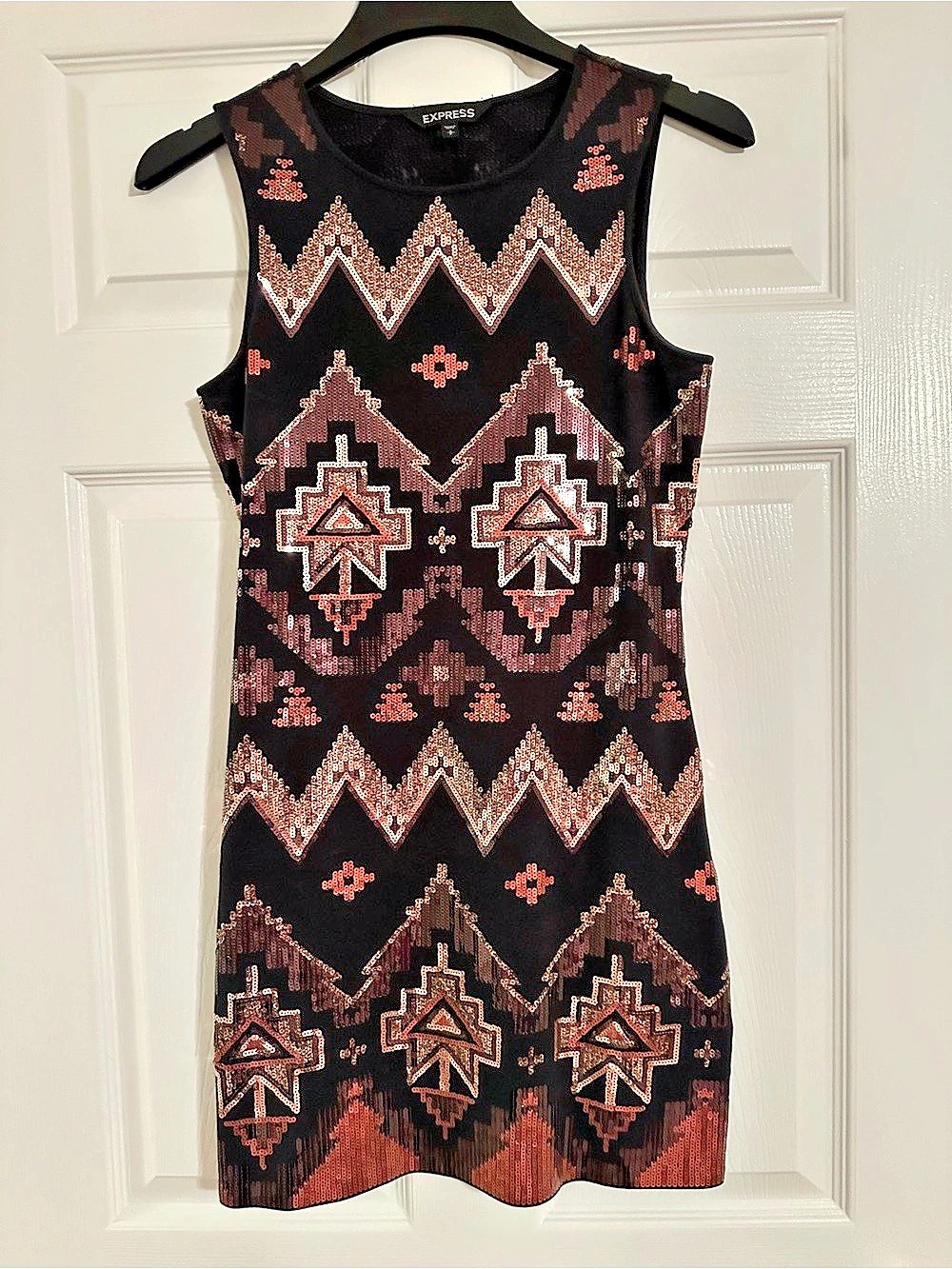 Express Aztec Sequin Sleeveless Dress Mini in Black & Pink